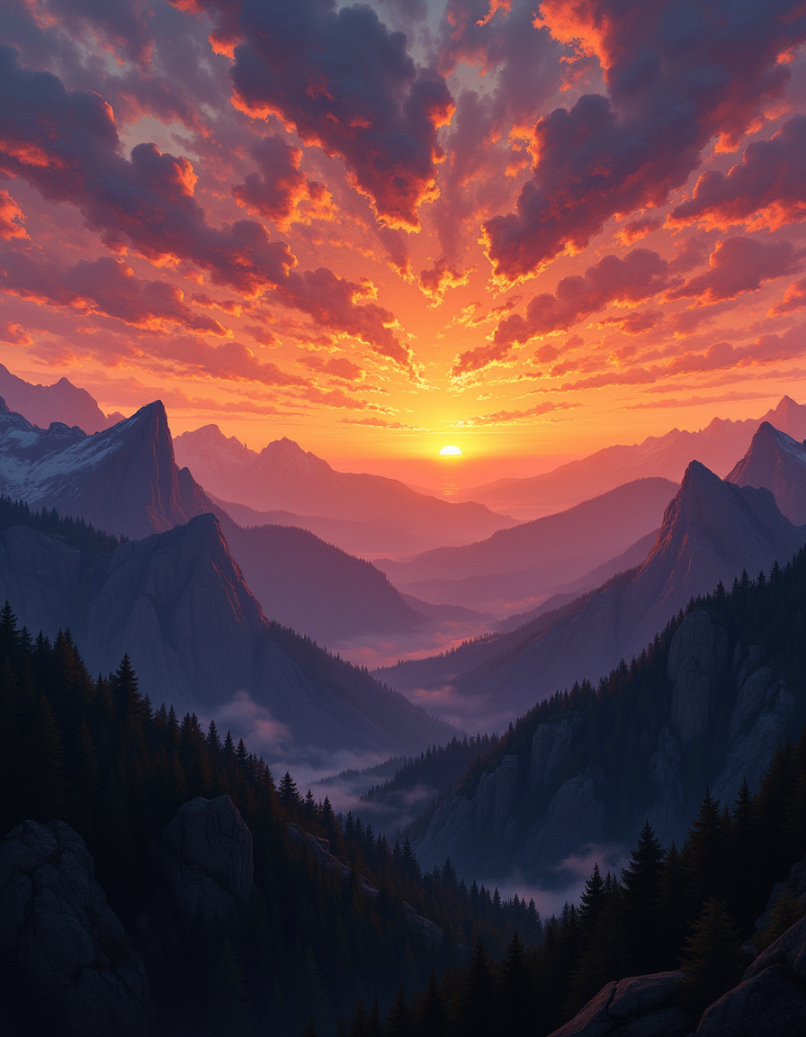 An atmospheric painting of a sunset over the mountains