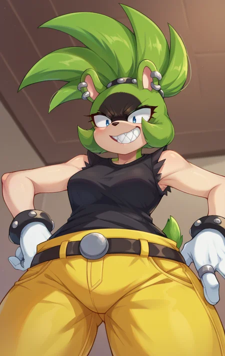 score_9,score_8_up,score_7_up BREAK <lora:surgethetenrec-10:1>,surgethetenrecMarlo,1girl,blue eyes,shirt,gloves,animal ears,jewelry,tail,earrings,green hair,teeth,sleeveless,belt,pants,white gloves,grin,bracelet,v-shaped eyebrows,black shirt,sleeveless shirt,piercing,ring,furry,spikes,furry female,body fur,constricted pupils,animal nose,topknot,two-tone fur,multiple rings,multiple earrings,yellow pants,cowboy shot,from below,room, room background,