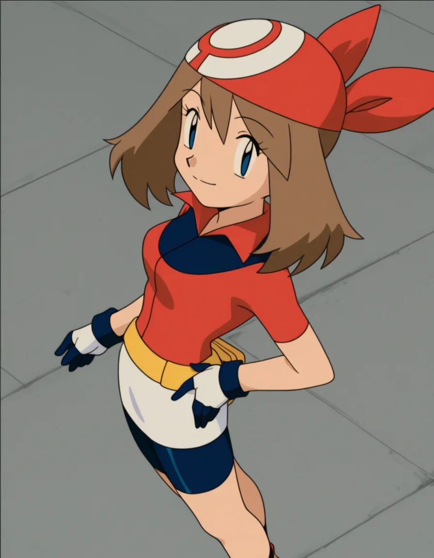 official style,may (pokemon), pokemon (anime), 2000s,brown hair, blue eyes, red bandana, red shirt, short sleeves, gloves, white pouch, white skirt, short skirt, pencil skirt, bike shorts,(((solo))),(hand on own hip:1.5),(standing:1.5),
explicit,(anime screencap), 2d cel anime,anime cap,anime,anime style,anime cel,cell shadedsoft brightness,perfect face,perfect nose, perfect hair, perfect eyes,perfect female body,perfect skin,a face of perfect proportion,perfect lighting,perfect anatomy,perfect proportion,perfect hands,perfect legs,perfect fingers,masterpiece,hair between eyes,
breasts,
perky breasts,best quality,very aesthetic,absurdres,16k,intricate detail,amazing quality,(bold:3.12),thick outline,black outline,harsh lines,soft lines,deluster,boldline,curvy,(anime coloring:1.2), smile,slim,Stadium,,day,coliseum,(pink:-1),
looking at viewer,
(from above:2.5),(from side:2.5),
super fine illustration,detailed linework,vibrant colors,kawaii,flat color,outdoors, <lora:ãã±ããã¢ã³ã¹ã¿ã¼ãã«ã«åå ´çã¢ãã¡ä½ç»é¢¨illustriousV1.1PokemonMayMOVIE_ANIME_StyleillustriousV.1.1:1:0.8>