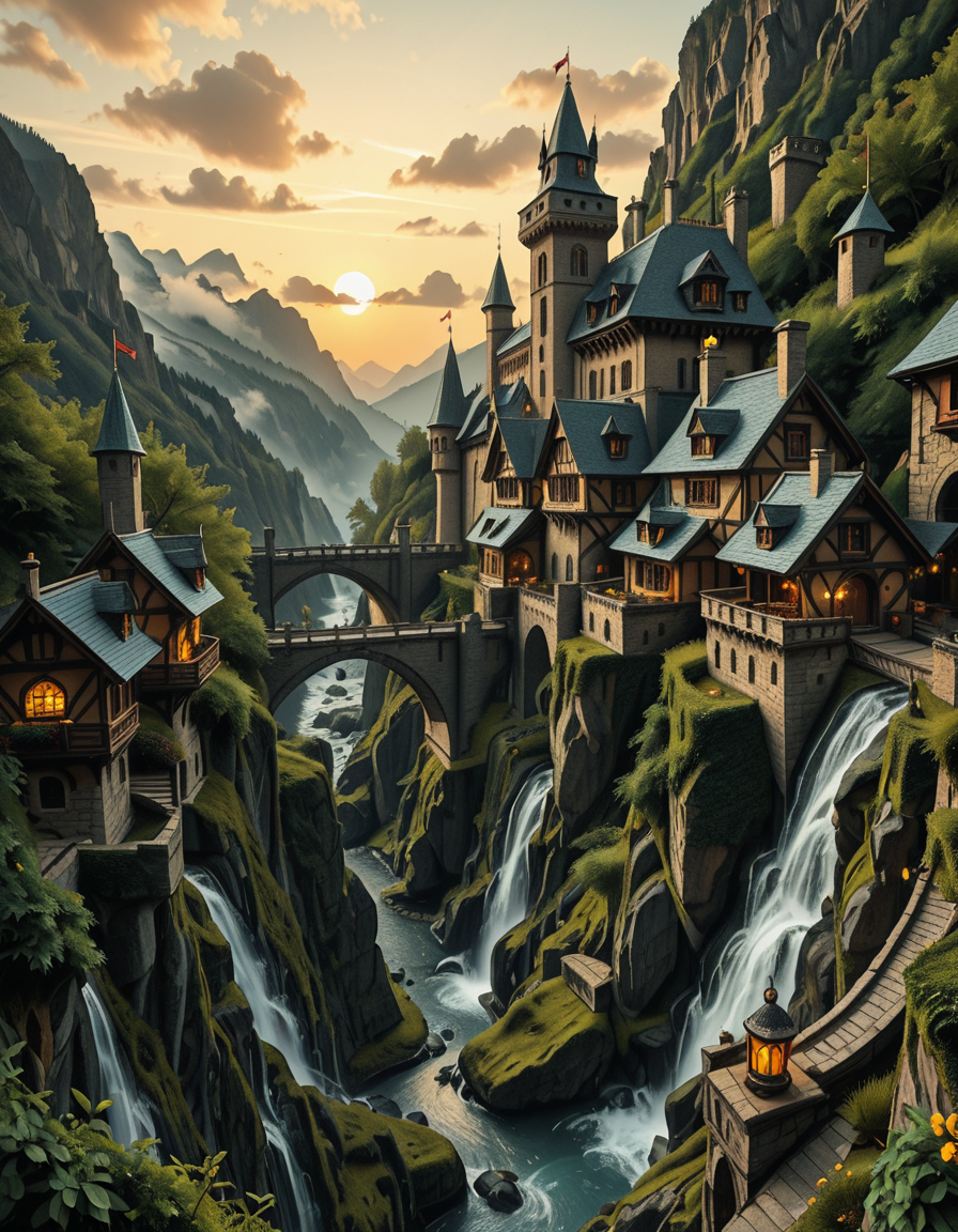 A breathtaking medieval fantasy city nestled in a lush valley, surrounded by towering mountains and dense forests. A grand castle with multiple towers and turrets stands atop a hill, overlooking the town below. The city consists of charming half-timbered houses with glowing windows, perched on rocky cliffs and connected by stone bridges over cascading waterfalls. The river flows through the village, reflecting the warm golden lights of lanterns and torches. Ivy and moss grow over the stone walls, adding to the enchanted, ancient atmosphere. The background features misty mountains with additional fortresses and watchtowers, partially hidden by low-hanging clouds. The sky is illuminated by a soft, warm sunset, casting a golden glow on the scenery, creating a perfect blend of realism and fantasy. Highly detailed, cinematic, and immersive, with a magical, fairy-tale ambiance.
<lora:SDXLFaeTastic2400:0.4> <lora:extremely_detailed:0.4> extremely detailed, ,medieval f4nt4sy c1ty <lora:medieval_f4nt4sy_c1ty-i:1>, Masterpiece,best quality,hi res,8k,hi res,8k,award winning,(sharp focus, intricate, highly detailed),