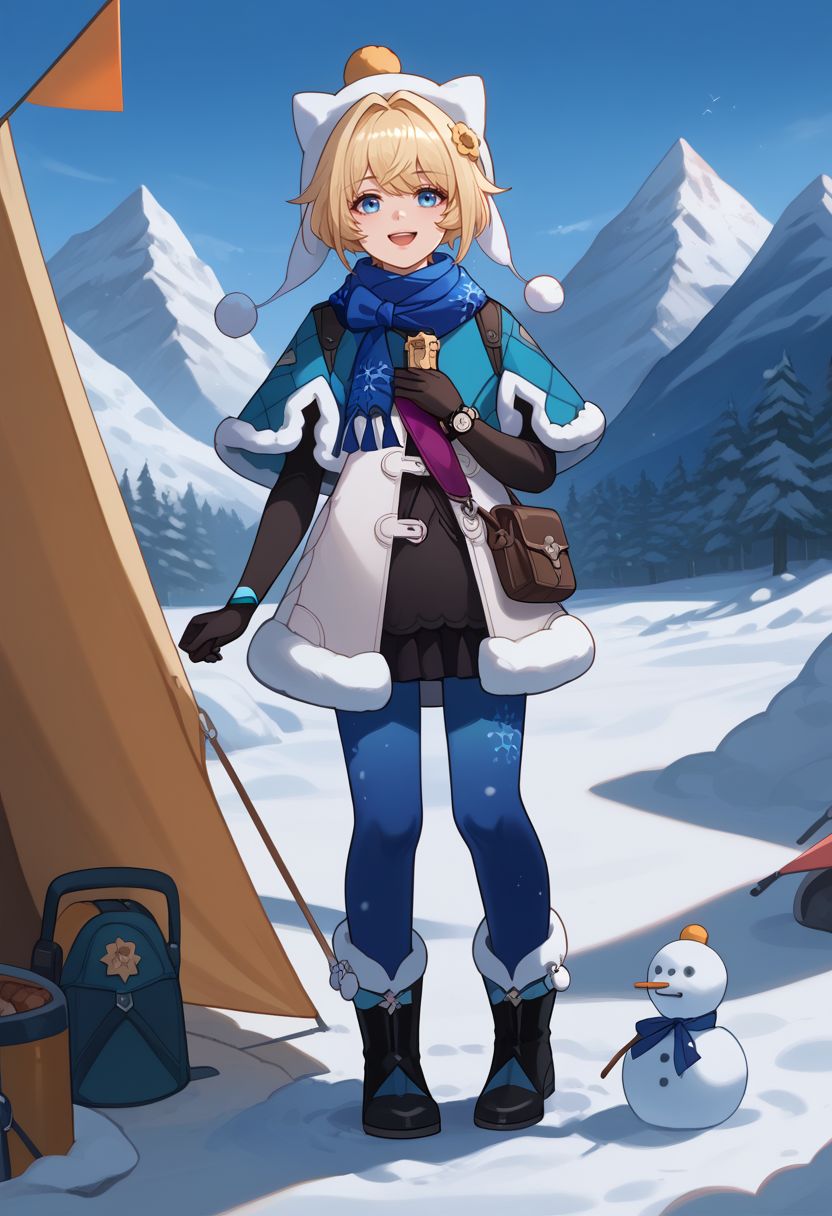 score_9, score_8_up, score_7_up, source_anime, 1girl, lynxlandaudef, 1girl, blue eyes, blonde hair, short hair, ahoge, hat, blue scarf, fur trim, fur-trimmed capelet, blue capelet, white jacket, winter clothes, blue pantyhose, snowflake print, black elbow gloves, watch, fur-trimmed boots, standing, snowman, open mouth, smile, tent, outdoors, snow, mountain, close-up, upper body, <lora:LynxLandau_v1-000010:1>