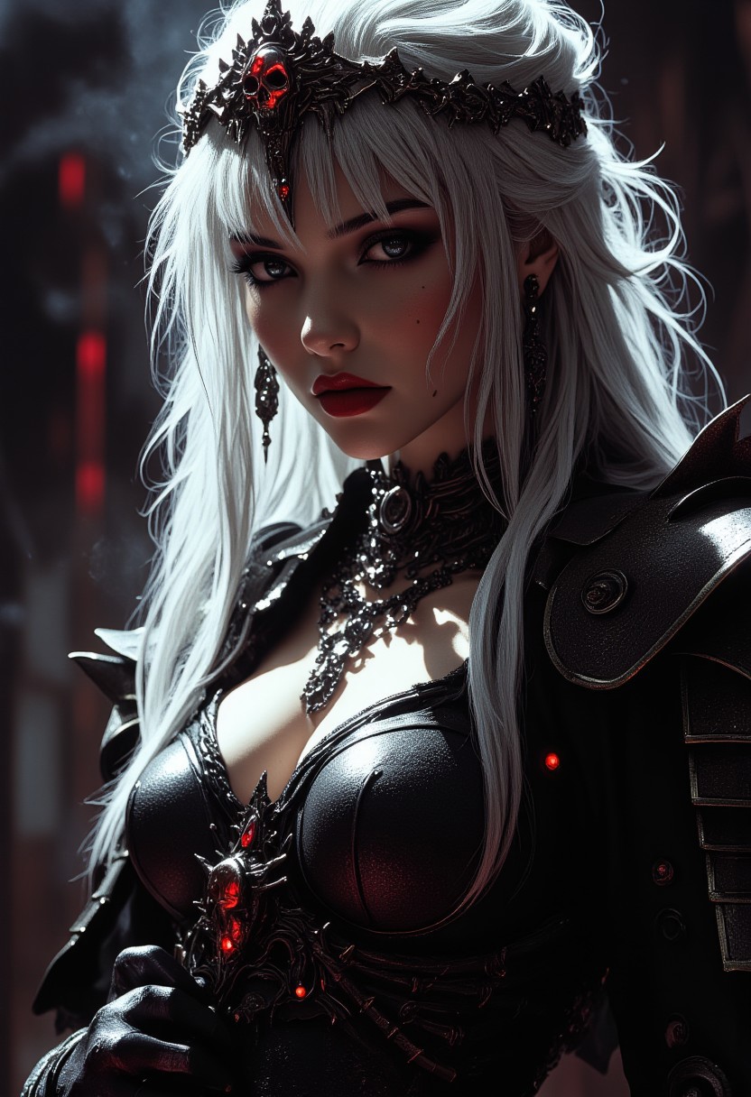 closeup zoomed in portrait of a serene Japanese hellknight, bangs, sidelocks, platinum hair, long earrings, dark eyeshadow, red lips parted, choker, necklaces, spiked tiara with a skull motif, spiked  mythril armour, sexy, seductive, lustful, sultry, choker, silhouetted, professional photography, directional lighting, in hellish environment, smoky background, Perfect hand