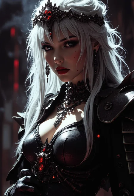 closeup zoomed in portrait of a serene Japanese hellknight, bangs, sidelocks, platinum hair, long earrings, dark eyeshadow, red lips parted, choker, necklaces, spiked tiara with a skull motif, spiked mythril armour, sexy, seductive, lustful, sultry, choker, silhouetted, professional photography, directional lighting, in hellish environment, smoky background, Perfect hand