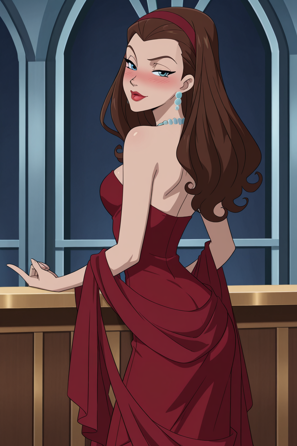 (((parody, animification, anime coloring)), perfect anatomy, perfect eyes, cowboy shot, from behind) BREAK  <lora:ScarletWitchIL:1> wanda, long hair, brown hair, blue eyes, lipstick, red lips, sultry eyes, naughty face, half-closed eyes, blush, drunk, ((looking back at viewer)), hairband, jewelry, earrings, necklace, bare shoulders, shawl, strapless dress, red dress, medium breasts, sultry pose, relaxing at luxurious bar, showing off body, beckoning to join, arched back