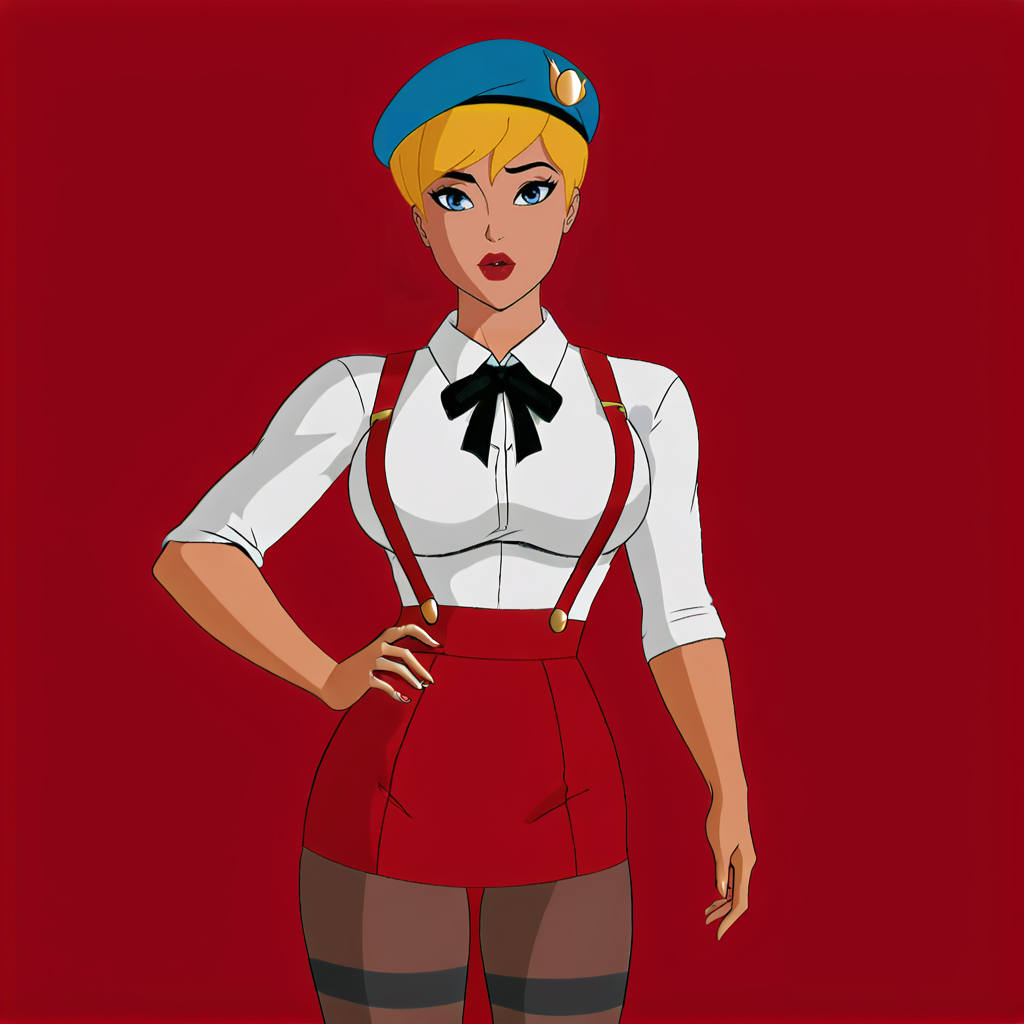 <lora:powergirlpublicenemies_pony_v1:.65> PowerGirlPublicEnemies, 1girl, blonde hair, large breasts, short hair, blue eyes, lipstick, makeup, lips,dark skin, cowboy shot,  <lora:0902 Home wear 5_v1_pony:1> ruanyi0902,beret,black ribbon,collared shirt,black pantyhose,high-waist skirt,white shirt,suspenders
