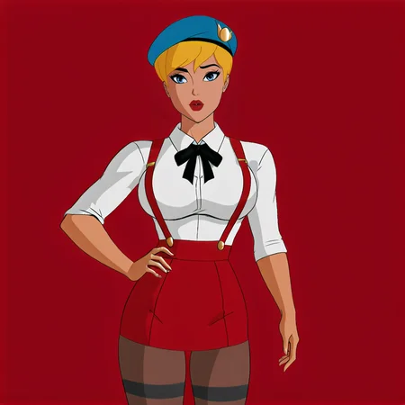 <lora:powergirlpublicenemies_pony_v1:.65> PowerGirlPublicEnemies, 1girl, blonde hair, large breasts, short hair, blue eyes, lipstick, makeup, lips,dark skin, cowboy shot,  <lora:0902 Home wear 5_v1_pony:1> ruanyi0902,beret,black ribbon,collared shirt,black pantyhose,high-waist skirt,white shirt,suspenders