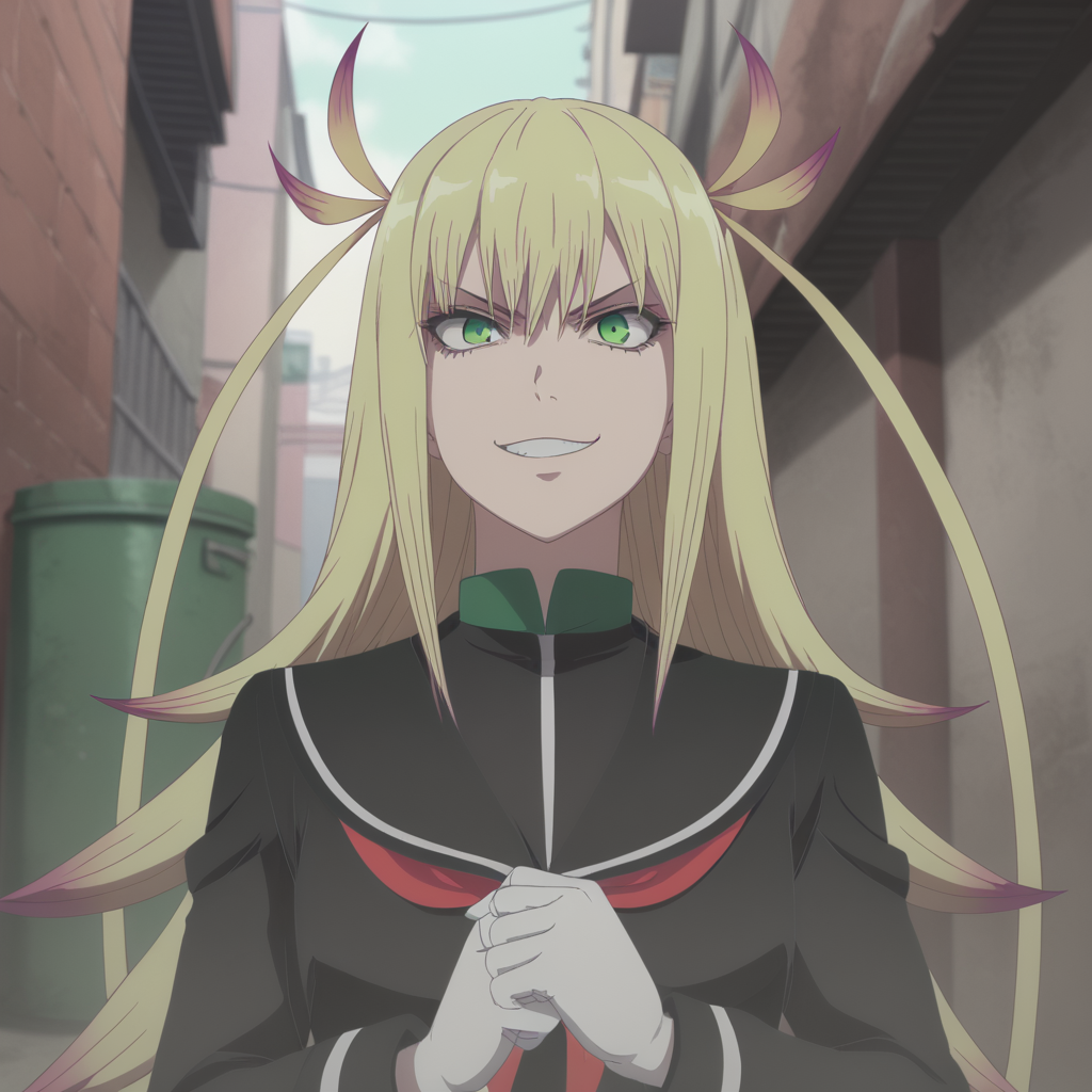 <lora:SlimesKanonIsui:1>, slimes_kanonisui, woman, solo, green eyes, alley background, evil smirk
