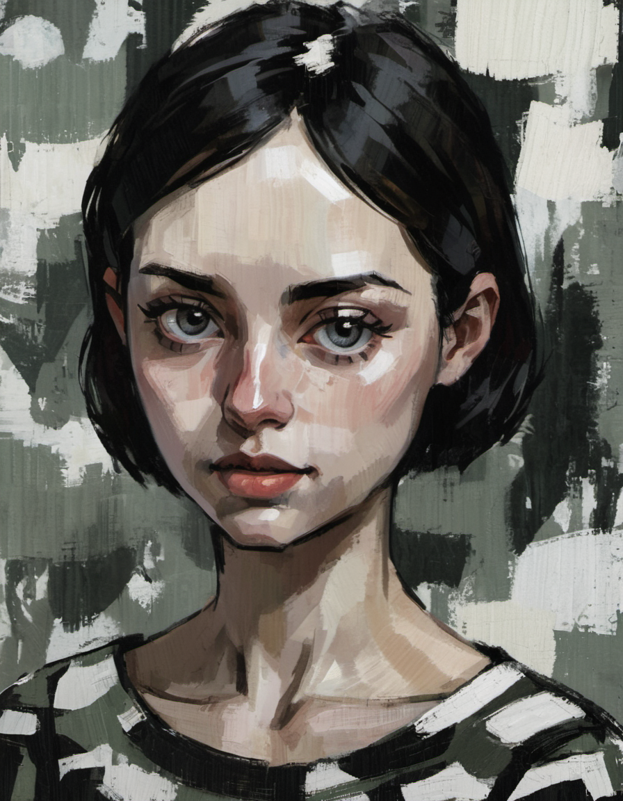 black and white camouflage, pixie dream girl, portrait, feminine, abstract painting <lora:DiscoDeliriumXL-v1.2:1>