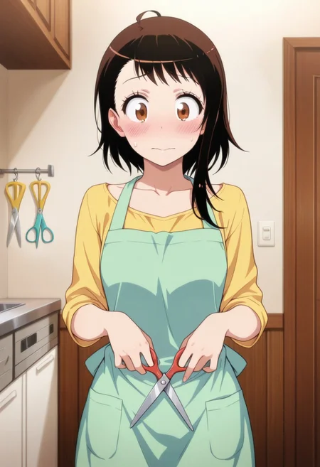masterpiece,best quality,amazing quality, onodera kosaki, dark brown hair, brown eyes, short hair, 1girl, solo, apron, blush, scissors, sweatdrop, indoors, yellow shirt, collarbone, looking at viewer, shirt