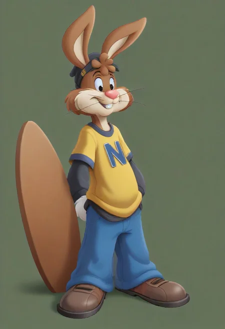 score_9, score_8_up, score_7_up, (absurdres, best quality, masterpiece:1.4), amazing quality, highres, newest, detailed, detailed body, detailed face, beautiful, majestic, grand, made of chocolate, detailed, chocolate waves, surfing,
BREAK
1male, solo, Quicky, Rabbit, buck teeth, rabbit tail, full body, baggy clothing, beanie,