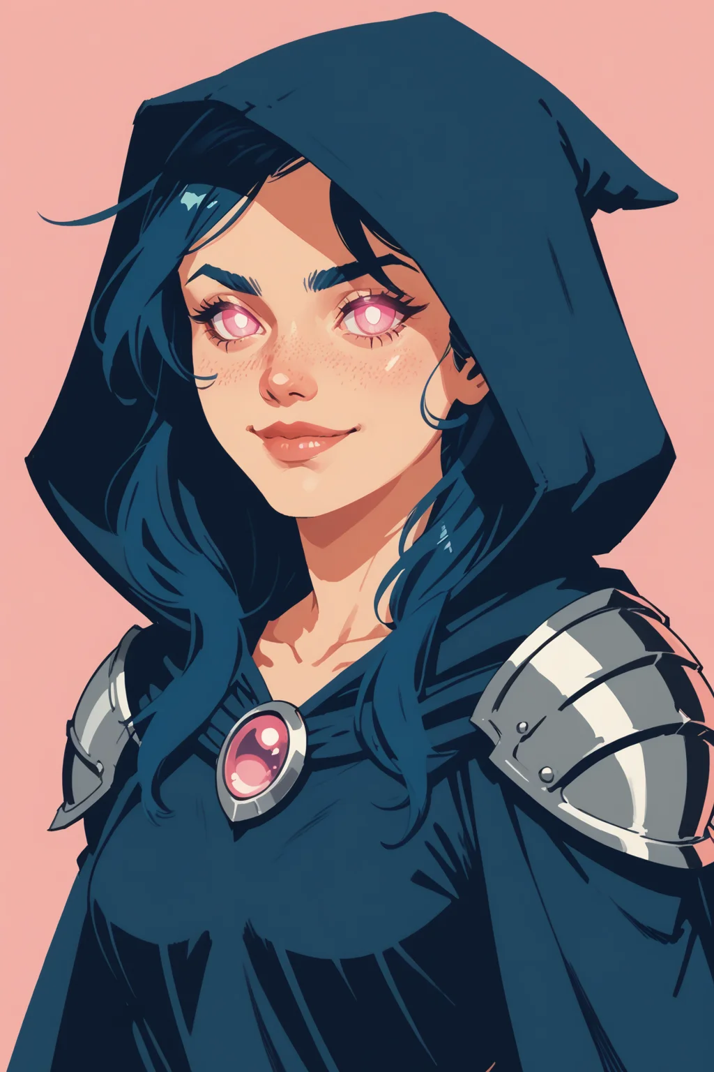 1girl, solo, hood, glowing, glowing eyes, upper body, shoulder armor, breasts, hood up, looking at viewer, long hair, medium breasts, collarbone, closed mouth, pink eyes, pauldrons, armor, no pupils, cape, lips, blue hair, cloak, smile, Witch - Clash of Clans, zPDXL3, PnyCmicXLPOS, detailxl, (lineless, vector art:1.5) ,