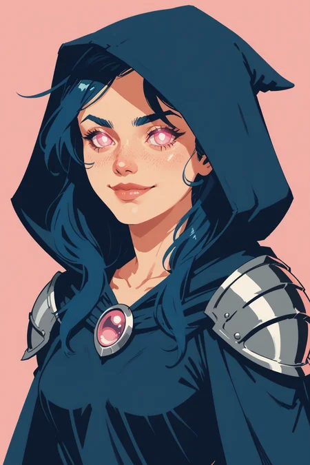 1girl, solo, hood, glowing, glowing eyes, upper body, shoulder armor, breasts, hood up, looking at viewer, long hair, medium breasts, collarbone, closed mouth, pink eyes, pauldrons, armor, no pupils, cape, lips, blue hair, cloak, smile, Witch - Clash of Clans, zPDXL3, PnyCmicXLPOS, detailxl, (lineless, vector art:1.5) ,