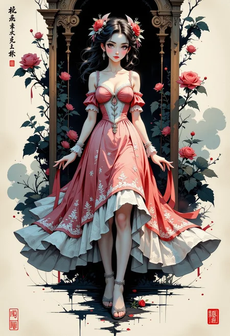 Poetic sumi-e depicting A full body of beautiful oriental girl with delicate features, wearing an elegant, Sweet Victorian-inspired dress adorned with intricate lace, ribbons, and floral patterns, she is cascading across washi paper, embodying the concept of mono no aware. The traditional ink wash technique creates a gradient from deep black to crimson red. Her long, silky hair is styled in soft waves, with gentle curls at the ends and a few strands framing her face, adding to her graceful appearance. She wears dainty lace-trimmed socks and elegant, rounded-toe shoes with delicate bows, completing the outfit with charm. Her expression is serene yet captivating, with large, expressive eyes. The background is softly blurred, creating a dreamy atmosphere, and the lighting casts a gentle glow on her face, emphasizing the details of her dress, hair, and shoes. Perfect hands, perfect feet. The scattered dress elements embrace deliberate imperfections, celebrating wabi-sabi principles—some defined by a single masterful brushstroke, others shaped through a textured dry-brush technique. Subtle indigo undertones suggest twilight dissolving into evening, encapsulating the melancholic beauty of nature’s shifting moments through the profound lens of yugen. Minimal red seal marks showed at the lower corner, balanced by calligraphic kanji suggesting the old painting poster