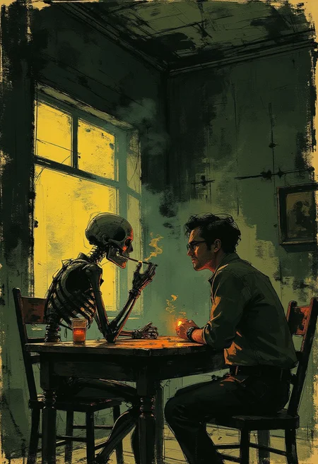 colored sketch in the style of ck-ccd, A dimly lit room exudes an eerie, somber atmosphere. A skeleton and a man sit across from each other at a worn wooden table, engaged in a deep conversation. The skeleton, bony fingers curled around a lit cigarette, emits a sense of macabre nonchalance. Wisps of smoke curl into the dim air, illuminated by the weak glow of a nearby window, which casts long, foreboding shadows across the scene. The man, contemplative and slightly uneasy, listens intently. A strange mix of dark humor and existential weight lingers between them, as if the conversation transcends life and death itself. The air is thick with mystery, the silence punctuated only by the occasional creak of the old chair and the quiet flicker of a candle nearby.