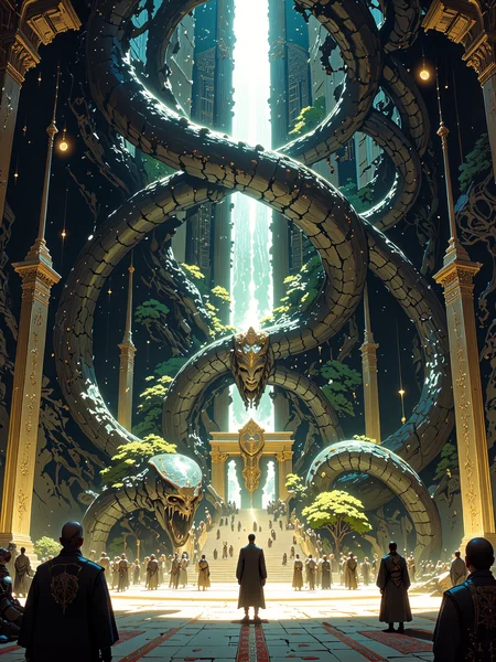famous masterwork fantasy digital painting, hyper-realistic, photo-realistic, ultra detailed, high resolution, uhd, 8k, 4k, epic, very aesthetic, accurate, dynamic composition, dim lighting, high contrast, borders touch the skyâs, haven for the snakes, appointed by the gods, to seal the sanctuary, the streets are paved with gold, on the outside we decay, a window to the underworld, kings and creatures block the way, deep within the walls, the time has come to conquer, blackened stars, forbidden knowledge, ancient beyond time, endless abyss, lovecraftian, cthulhu mythos, in the style of ck-ovf, digital illustration, <lora:style-oneviolentfantasy-ep21-flux-by_chronoknight:0.64> <lora:epic_gorgeous_details-balance-flux-by_flyway:0.64> <lora:style-moriimee-gothic_niji-flux-by_tentacles_riders:0.8>