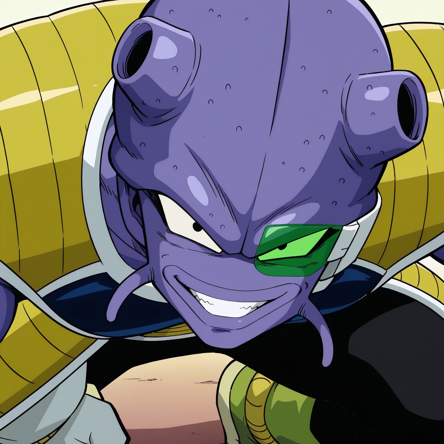 1boy, 2d, solo, Cui, Male, black eyes, purple skin, alien, humanoid, lips, saiyan armor, black pants, white gloves, green boots, green scouter, muscular male

BREAK head shot, close up, looking at viewer, grin

BREAK best quality, amazing quality, very aesthetic, absurdres, newest, masterpiece, high quality
