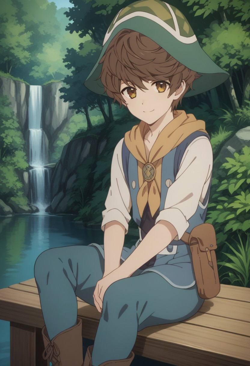 score_9, score_8_up, score_7_up, source_anime, highly detailed, 
mamoru, brown hair, solo, smile, hat, brown eyes, looking at viewer, 1boy, closed mouth, outdoors, short hair, male focus, tree, blue headwear, nature, green headwear, day, pantyhose, boots
outdoor, wood, sit