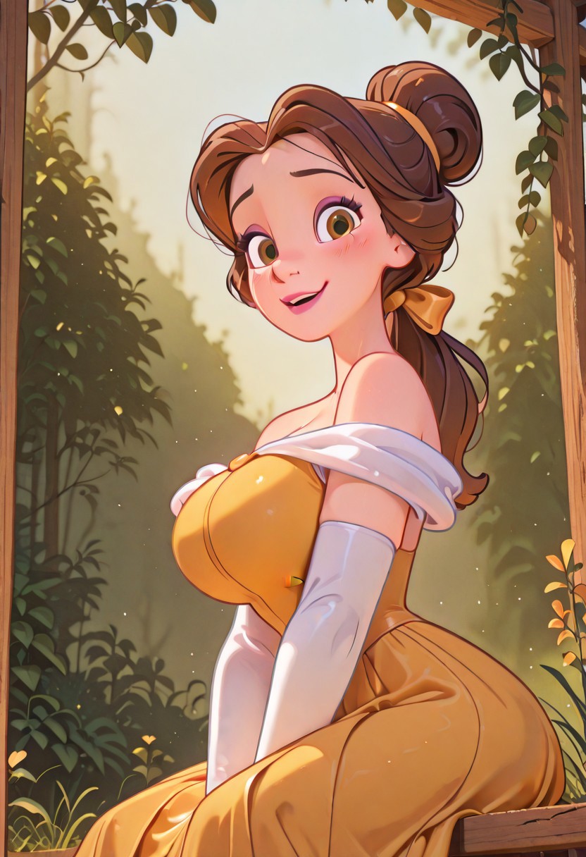 highres, hi res, best quality, masterpiece, cute,
1girl, huge breasts, curvy, (BelleXL:1.1), bow, brown hair, brown eyes, yellow dress, off-shoulder dress, white shirt, long dress, elbow gloves, jewelry, ponytail, single hair bun, lipstick, floating hair, makeup, 
light smile, sexy pose, happy, garden, grass, vegetation, looking at viewer, blush, open mouth, sitting, from below, between legs, hand between legs, daylight, outdoors, cowboy shot, light particles, from side, from above,
 <lora:Belle-IL:0.75>  <lora:DisneyStudios_style-12IL:1>, DisneyStudioXL,,, cartoon, cinematic, Flatline, Flat vector illustration