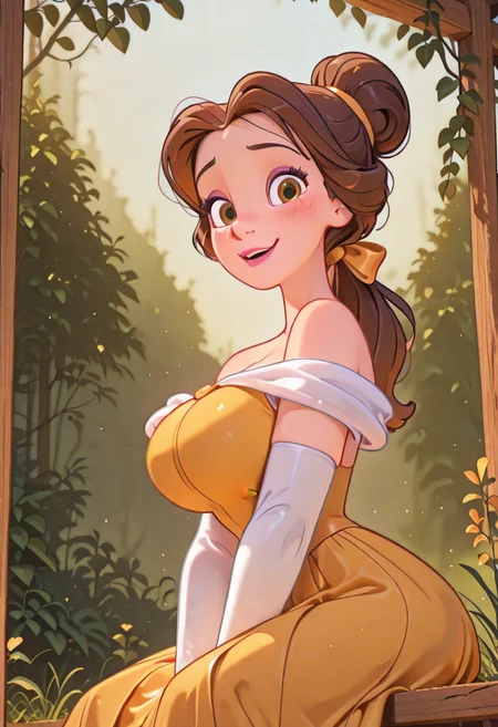 highres, hi res, best quality, masterpiece, cute,
1girl, huge breasts, curvy, (BelleXL:1.1), bow, brown hair, brown eyes, yellow dress, off-shoulder dress, white shirt, long dress, elbow gloves, jewelry, ponytail, single hair bun, lipstick, floating hair, makeup, 
light smile, sexy pose, happy, garden, grass, vegetation, looking at viewer, blush, open mouth, sitting, from below, between legs, hand between legs, daylight, outdoors, cowboy shot, light particles, from side, from above,
 <lora:Belle-IL:0.75>  <lora:DisneyStudios_style-12IL:1>, DisneyStudioXL,,, cartoon, cinematic, Flatline, Flat vector illustration