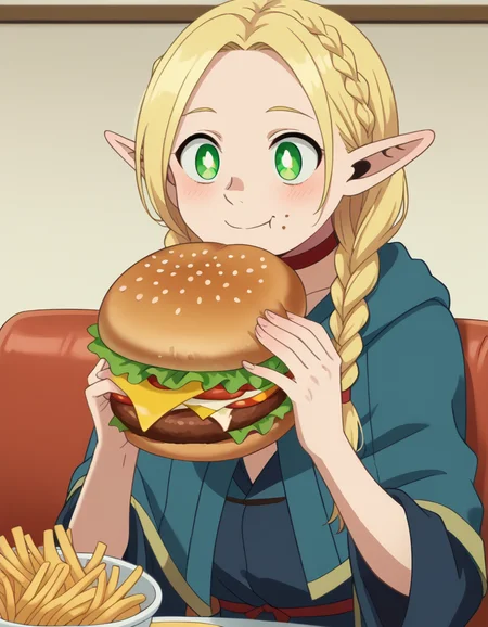 1girl, solo, <lora:marcille-donato-s1-ponyxl-lora-nochekaiser.safetensors:0.9>,  marcille donato, long hair, blonde hair, green eyes, braid, pointy ears, twin braids, elf, bright pupils, happy, parted bangs, choker, robe, red choker, mcdonald's restaurant background, <lora:_sdxl-dokaguiburger-pony.safetensors:0.6>, dokaguiburger, eating gurger, holdinf burger, french fries