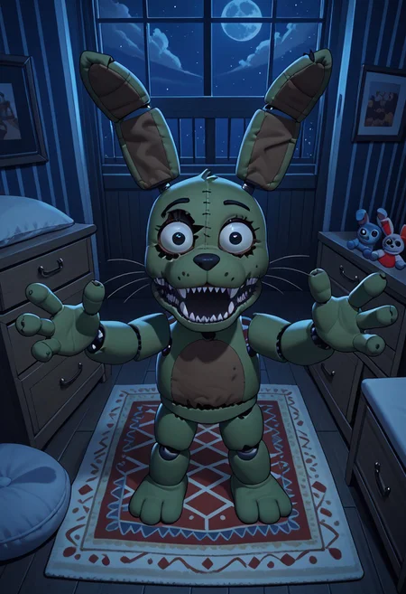 score_9, score_8_up, score_7_up, solo male, from above, high-angle view, pov, PlushtrapFNAF, rabbit ears, scut tail, teeth, sharp teeth, wear and tear, green skin, petite, barefoot, 4 fingers, perfect hands, (large head:1.1), shortstack, small body, sharp teeth, fuzzy, plush body, seam \(sewing\), stitch \(sewing\), animatronic, glowing eyes, crooked whiskers, ragged, withered,
masterpiece, detailed face, looking at viewer, smile, open mouth, nervous, knock-kneed, cocked head, zPDXL3, dark house, inside, nighttime, night, raised arms, hands up, reaching towards viewer, bedroom, carpet, chair, standing, living plushie, detailed background, dutch angle, spooky, perspective