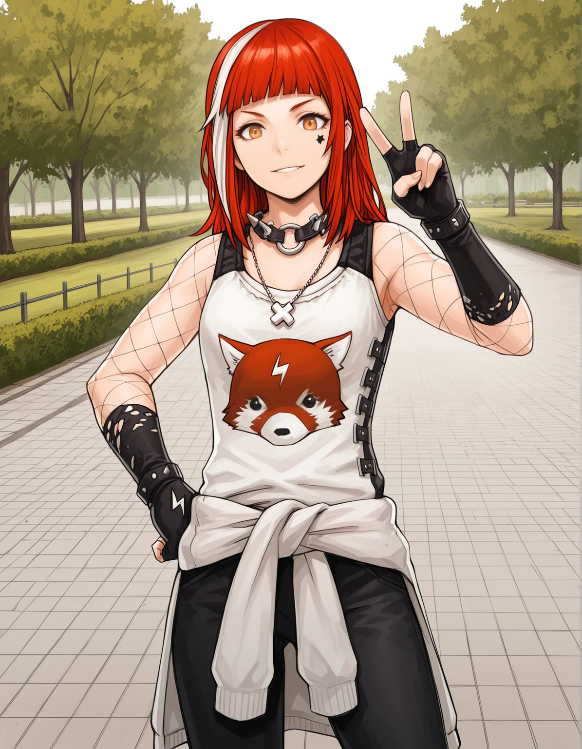 masterpiece,best quality, absurdres, highres, <lora:Irene Illu 1:1> ireneillu, tank top, black gloves, spiked collar, fishnets, sweater around waist, cross necklace, black pants, standing, park, hand on own hip, V, solo, looking at viewer,