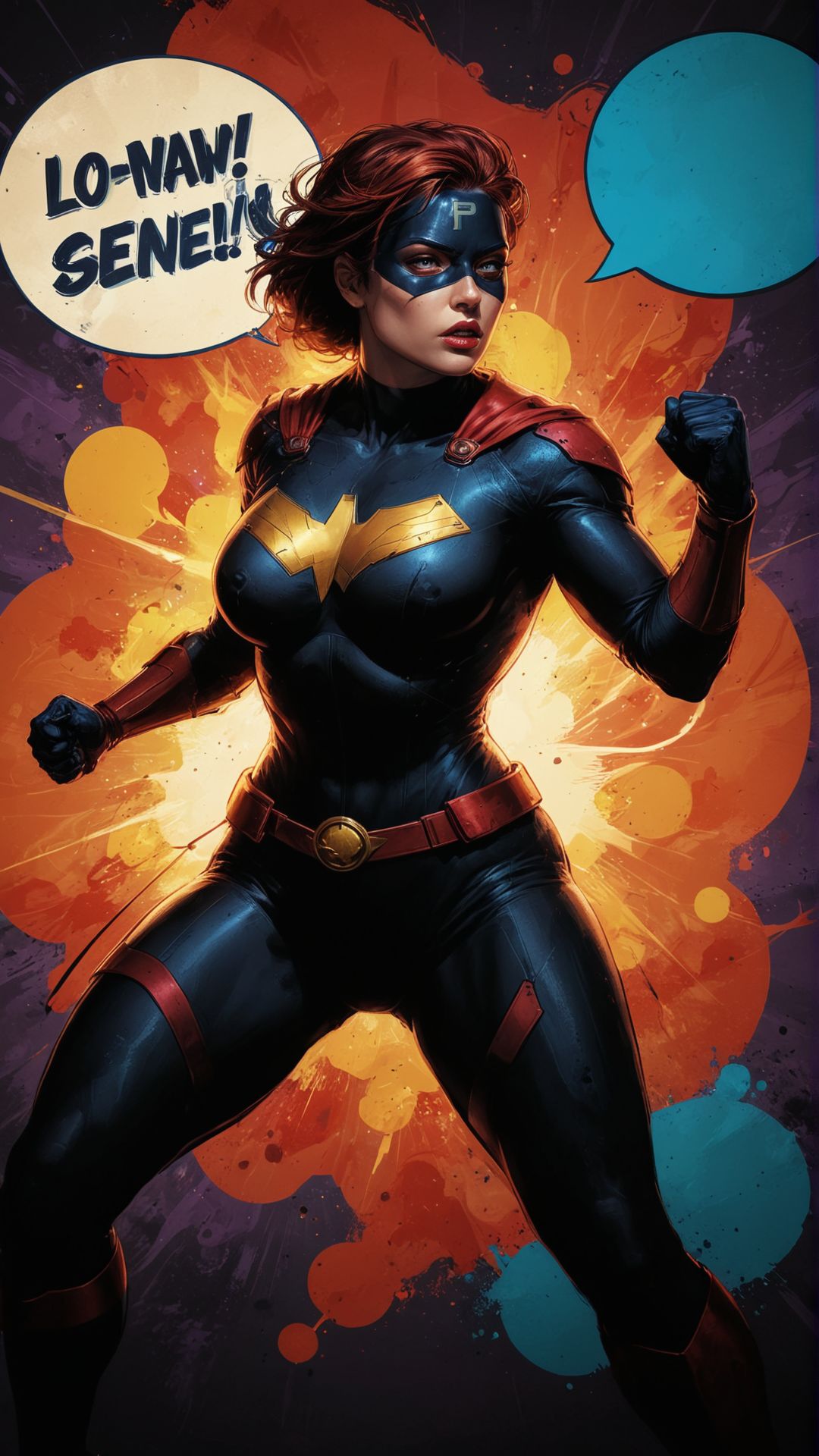 Comic book style illustration of a woman with superpowers, dynamic action pose, bold outlines, vibrant colors, speech bubble with witty dialogue, pop art influence. 
(masterpiece, award winning artwork)
many details, extreme detailed, full of details,
Wide range of colors, high Dynamic
 <lora:add-detail-xl:1> 
<lora:WildcardX-XL-Detail-Enhancer:0.9>
 <lora:zavy-cntrst-sdxl:0.245> dark, chiaroscuro, low-key 
<lora:RMSDXL_Creative:0.24> 
<lora:dvr-lnds-sdxl:0.22> dvr-lnds-sdxl