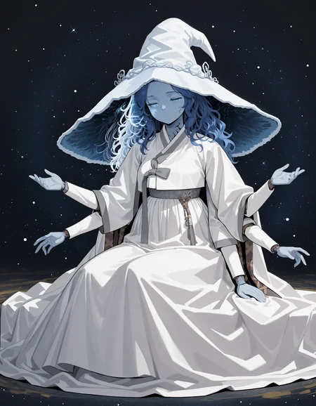 1girl, ranni the witch, white hanbok, grey ribbon, white skirt, extra arms, abstract, starry night background, sitting, masterpiece, best quality, amazing detail, high definition