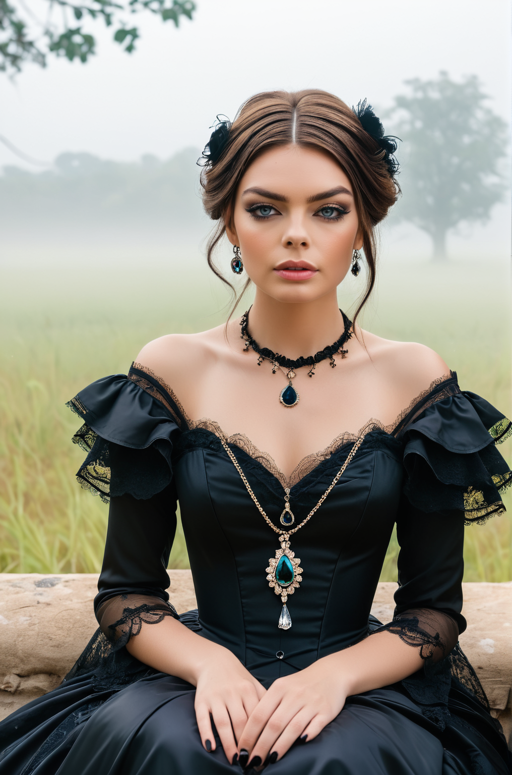 breathtaking an individual seated in a natural, open setting, with mist or fog adding a mysterious ambiance. The person is dressed in an elaborate gothic style gown with multiple layers of lace and ruffles, which suggests a Victorian influence. The dark color palette of the attire is consistent with gothic fashion, emphasizing the somber and romantic themes often associated with the subculture. The individual's hair is styled in a tousled manner, with hints of color that may indicate a rebellious or personal twist to the traditional gothic look. They are adorned with ornate jewelry, including a necklace with a prominent pendant that serves as a focal point against the dark fabric of the dress. The person's pose and distant gaze evoke a contemplative or melancholic mood, which is complemented by the bleak and desolate landscape. The stark contrast between the intricate details of the clothing and the simplicity of the natural surroundings emphasizes the solitude and introspective state of the individual. The overall composition of the image, from the fashion to the setting, creates a narrative that invites the viewer to ponder the story behind the subject's presence in this eerie environment.   <lora:Sonja_Carter_1_merge2:1> s0nj4. award-winning, professional, highly detailed