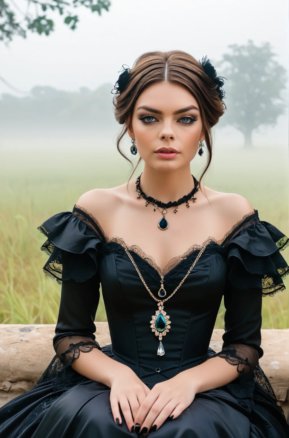 breathtaking an individual seated in a natural, open setting, with mist or fog adding a mysterious ambiance. The person is dressed in an elaborate gothic style gown with multiple layers of lace and ruffles, which suggests a Victorian influence. The dark color palette of the attire is consistent with gothic fashion, emphasizing the somber and romantic themes often associated with the subculture. The individual's hair is styled in a tousled manner, with hints of color that may indicate a rebellious or personal twist to the traditional gothic look. They are adorned with ornate jewelry, including a necklace with a prominent pendant that serves as a focal point against the dark fabric of the dress. The person's pose and distant gaze evoke a contemplative or melancholic mood, which is complemented by the bleak and desolate landscape. The stark contrast between the intricate details of the clothing and the simplicity of the natural surroundings emphasizes the solitude and introspective state of the individual. The overall composition of the image, from the fashion to the setting, creates a narrative that invites the viewer to ponder the story behind the subject's presence in this eerie environment.   <lora:Sonja_Carter_1_merge2:1> s0nj4. award-winning, professional, highly detailed
