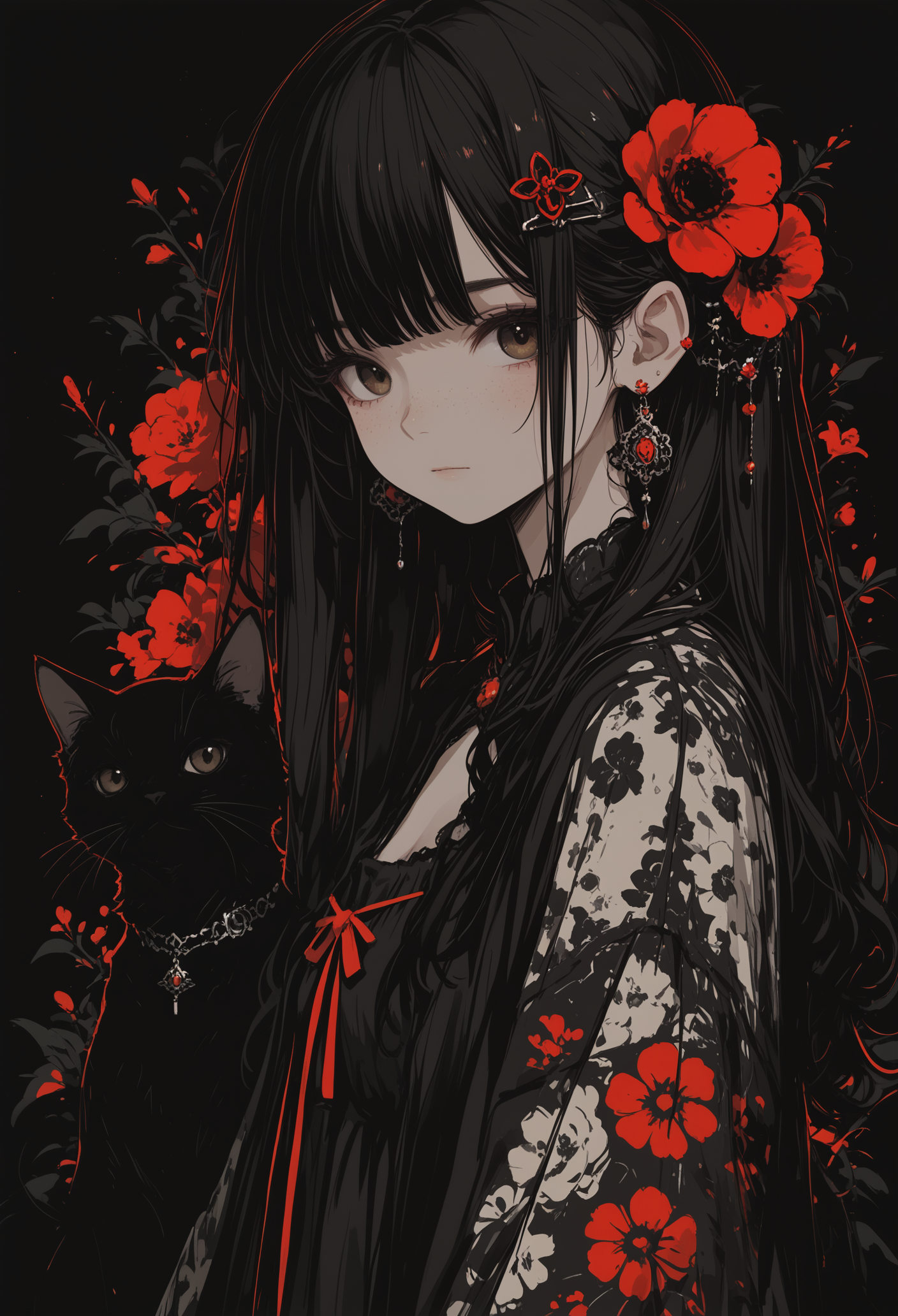 masterpiece, best quality, newest, highres, absurdres,focused subject,no lineart, no outline, 1girl, solo, long hair, looking at viewer, black hair, hair ornament, dress, brown eyes, jewelry, upper body, flower, earrings, hair flower, from side, floral print, cat, red flower, freckles, chromatic aberration, dark theme,limited palette,three quarter view