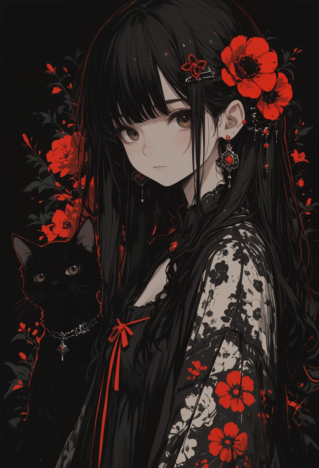 masterpiece, best quality, newest, highres, absurdres,focused subject,no lineart, no outline, 1girl, solo, long hair, looking at viewer, black hair, hair ornament, dress, brown eyes, jewelry, upper body, flower, earrings, hair flower, from side, floral print, cat, red flower, freckles, chromatic aberration, dark theme,limited palette,three quarter view
