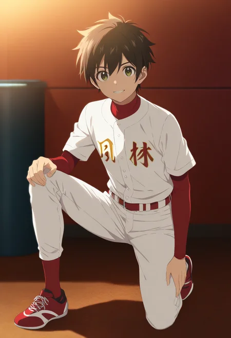 masterpiece,high score,great score,absurdres,daigo shigeno,daigo shigeno\(fuurin\),1boy,male focus,white pants,baseball uniform,solo,hand on own knee,on one knee,pants,belt,shirt,sportswear,blurry,looking at viewer,red footwear,white shirt,long sleeves,blurry foreground,red belt,parted lips,depth of field,smile,indoors,red shirt,short sleeves,fuurin junior high baseball jersey,<lora:Goro_Shigeno_V1-1:0.8>,official art,red socks,