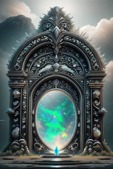 Hyperrealistic art, lush green wooded mountain pass landscape, a fantasy glowing Vivid multi-colored Runes covered ((silver)/(black ral-opal)) Circular gate (portal:1.3), a detailed matte painting by Mike Winkelmann, cgsociety, fantasy art, blue sky, Extremely high-resolution details, photographic, realism pushed to extreme, fine texture, incredibly lifelike