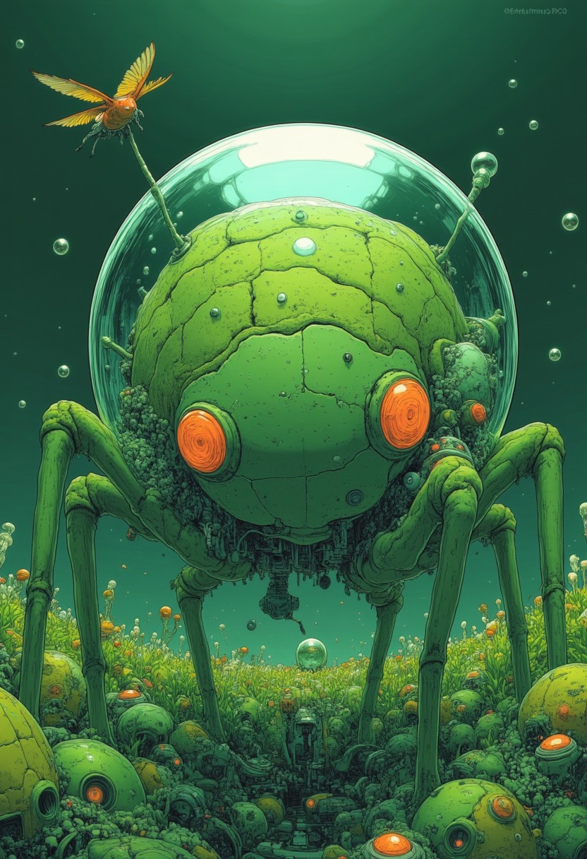 very detailed [ Springtail | forest green ] landing on Planet Earth, magical green field background, fantasy green style, intricate details, ultra sharp, exquisite detail, flawless composition, realistic, natural colors, masterpiece, award winning, circuit-pattern (green),