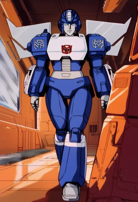 score_9, score_8_up, score_7_up, animation, transformers, 1girl, robot, Decepticon, Tall, slim, Seeker, Starscream glowing eyes, blue eyes, large eyes, circular eyes, white armour (minor blue detail), forward long jet swept wings, transforms into futuristic Stealth Mig Fighter Jet, full body, cowboy shot, smiling, holding null ray blasters, Decepticon Symbol, long skirt armour (minor blue glass detail), head crown,
<lora:StarScream1.2:1>