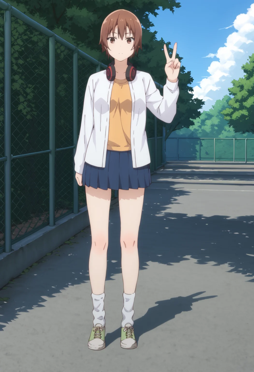 score_9, score_8_up, score_7_up, source_anime, outdoors, sky, 
BREAK,
 <lora:ninomae_kanade_ponyXL_v1:1> ninomae kanade, 1girl, solo, looking at viewer, bangs, skirt, shirt, long sleeves, closed mouth, standing, jacket, full body, pleated skirt, open clothes, shoes, socks, miniskirt, blue skirt, headphones, white socks, casual, sneakers, headphones around neck, v, peace sign,