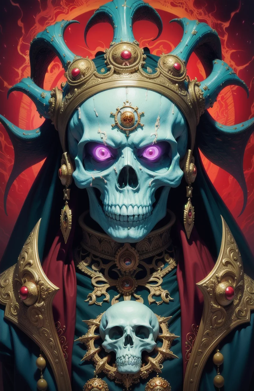 skull demon king concept art portrait by Casey Weldon, Olga Kvasha, Miho Hirano, hyperdetailed intricately detailed gothic art trending on Artstation triadic colors Unreal Engine 5 detailed matte painting, deep color, fantastical, intricate detail, splash screen, complementary colors, fantasy concept art, 8k resolution, gothic deviantart masterpiece