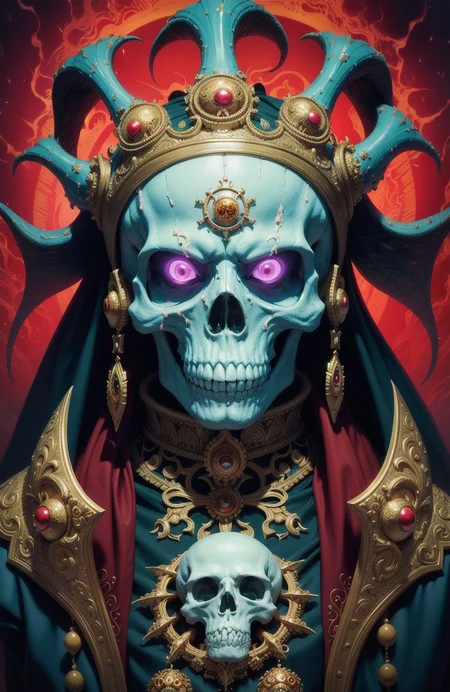 skull demon king concept art portrait by Casey Weldon, Olga Kvasha, Miho Hirano, hyperdetailed intricately detailed gothic art trending on Artstation triadic colors Unreal Engine 5 detailed matte painting, deep color, fantastical, intricate detail, splash screen, complementary colors, fantasy concept art, 8k resolution, gothic deviantart masterpiece