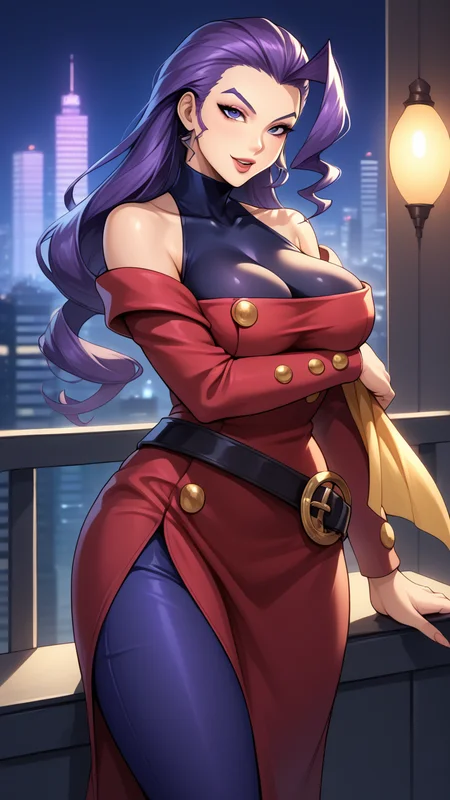 score_9, score_8_up, score_7_up, score_6_up, source_anime, BREAK masterpiece, <lora:RoseStreetFighter:1>, RoseSF, purple hair, purple eyes,ahoge,  single hair intake, turtleneck, hair slicked back,  bare shoulders, yellow shawl, red jacket, belt, purple leggings,  seductive smile, breasts, looking at viewer, cityscape, night, side-slit, arm under breasts, open mouth, lips,  looking at viewer