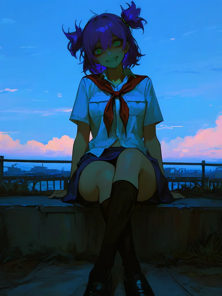 masterpiece, best quality, absurdres, highres, very awa,
<lora:un-30:1> unlblch, 1girl, solo, purple hair, two sides up, short hair, green eyes,
white shirt, socks, blue skirt, sky, outdoors, looking at viewer, crossed ankles, cloud, short sleeves, full body, kneehighs, blue sky, shoes, breast pocket, twintails, closed mouth, crossed legs, black footwear, short twintails, red neckerchief, looking at viewer,
horror \(theme\), solo, female, stare, wide eyed, grin, insane, insane eyes, messy hair, drooling, eyeliner, eyelashes, open clothing, <lora:748cmSDXL:1> 748cmstyle