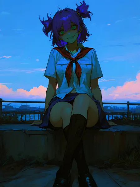 masterpiece, best quality, absurdres, highres, very awa,
<lora:un-30:1> unlblch, 1girl, solo, purple hair, two sides up, short hair, green eyes,
white shirt, socks, blue skirt, sky, outdoors, looking at viewer, crossed ankles, cloud, short sleeves, full body, kneehighs, blue sky, shoes, breast pocket, twintails, closed mouth, crossed legs, black footwear, short twintails, red neckerchief, looking at viewer,
horror \(theme\), solo, female, stare, wide eyed, grin, insane, insane eyes, messy hair, drooling, eyeliner, eyelashes, open clothing, <lora:748cmSDXL:1> 748cmstyle