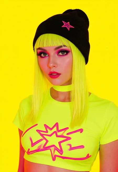 fire, teeth, star (symbol), spoken heart,
full torso photo of a cute girl, solo, small neon color beads in hair, colorful hair accessories, confident pose, layered neon color streetwear outfit, (crop top tshirt:1.2), neon color hairstyle, high-fashion portrait, avant-garde look, 1girl, very pale skin, platinum blonde hair, asymmetrical haircut, dramatic bangs obscuring eyes, edgy beauty, neon color makeup, slender petite build, long straight (neon color black hair), dark eyeliner, heavy mascara, bold neon color red lips, (neon color black beanie), mysterious aesthetic,
fashion editorial lighting, vibrant tone lighting, fashion photography style, edgy aesthetic, modern alt look, high detail, cinematic sharpness,
solid neon yellow background, minimalist neon yellow backdrop,
high detail, high resolution, high-resolution fashion editorial, expressive lighting, vibrant colors, creative composition
<lora:dmd2-sdxl-4step:1> <lora:sm0k-000006:0.7> <lora:neoncolors2:0.7>