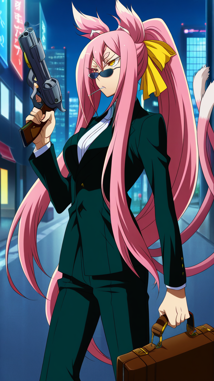 solo, lollipop, candy,, masterpiece, best quality, amazing quality, very aesthetic, absurdres, newest, anime screencap, <lora:kokonoeILM:1>, kokonoe (blazblue), animal ears, pink hair, long hair, cat ears, cat tail, hair between eyes, hair ribbon, very long hair, two tails, yellow eyes, yellow ribbon, glasses, multiple tails, straight hair, ponytail, animal ear fluff, short eyebrows, sidelocks, eyelashes,, suit, briefcase, holding briefcase, gun, holding gun, night, outdoors, modern city, glasses, sunglasses, serious,