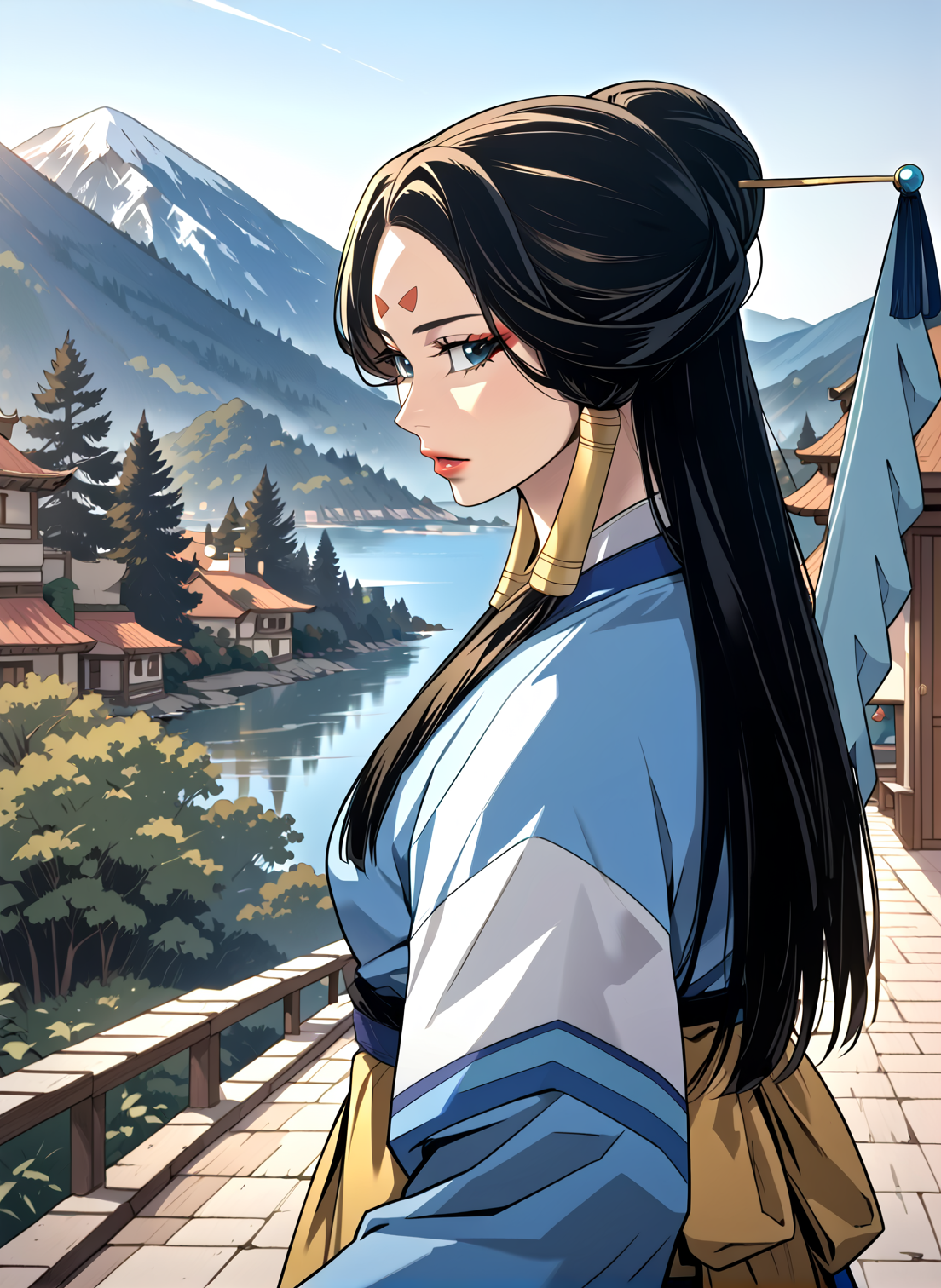 <lora:The_Great_Shaman:1>
1 girl, solo, black hair, long hair, blue eyes, lipstick, facial mark, forehead mark, <lora:!action-sdxl-V0.5:1>
kimono, japonese clothes, hair tubes, hair ornament, hair stick
score_9, score_8_up, score_7_up, source anime, BREAK,  cowboy shot, (from side), looking back, looking at viewer, overlooking mountain, high altitude, scenery, exterior, background, (solo), perfect hands <lora:light:1>