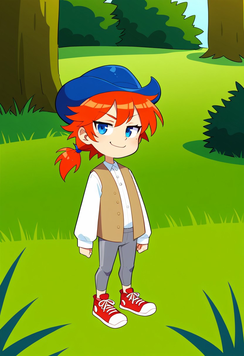 score_8, score_8_up, score_7_up, 1girl, female focus, solo, Pep_pum, red hair, pointy hair, low ponytail, short ponytail, blue eyes, tricorne, blue headwear, white shirt, button-up shirt, long sleeves, vest, open vest, capri pants, grey pants, sneakers, red footwear, smug, (from side:0.25), facing viewer, outdoors, grass, plain, standing, reverse trap, ankles