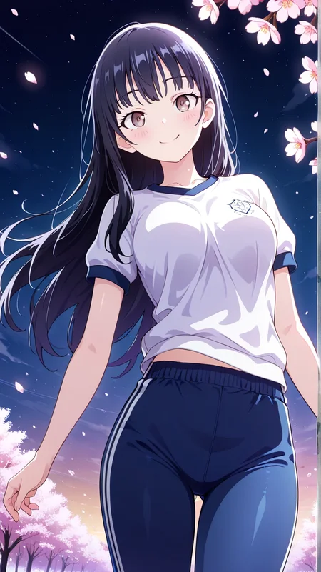 masterpiece, 1girl, solo, scenery, (detailed eyes), (high definition eyes), (high gradient eyes), (eyesHD), (best quality:1.4), (amazing quality:1.3), very aesthetic, (blush), shiny skin, ambience, Shiny Eyes, Shiny Skin Thighs, hips swaying, BREAK, (Yamada_Anna), black hair, brown eyes, long hair, sidelocks, anime coloring, skin_clean, shiny_skin, night, midnight, looking at the sea, BREAK, cherry blossoms background, leaning back, leaning to the side, smile, very long hair, free pose, delicate skin texture, fair skin, delicate face, pastels, bright tones, wind, light particles, light, bright tones, motion lines, extremely detailed, intricate, delicate details, movie lighting, very beautiful, absurd, dynamic graphics, dynamic angles, special movements, dynamic poses, action poses, dynamic movements, (Illustration: 1.2), (8K Wallpaper), (Beautiful, pretty eyes: 1.2), Delicate eyes, beautiful, soft colors, clear line, project sekai, soft, pastel, colorful, BREAK, school gym uniform, blue pants school gym, white shirt school gym