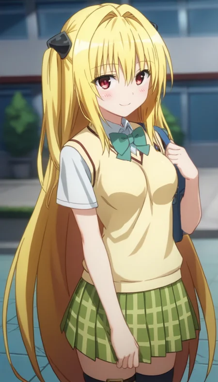 score_9,score_8_up,score_7_up,score_6_up BREAK official art,solo,outdoors,cowboy shot,looking at viewer,facing viewer,smile,blush,Konjiki no Yami,very long hair,blonde hair,two side up,hair ornament,hair intakes,hair between eyes,bangs,red eyes,school uniform,sweater vest,yellow vest,white shirt,collared shirt,green bowtie,short sleeves,medium breasts,miniskirt,green skirt,plaid skirt,pleated skirt,thigh strap,black socks,loafers,<lora:Konjiki no Yami(tlr)-Pony:1.6>,