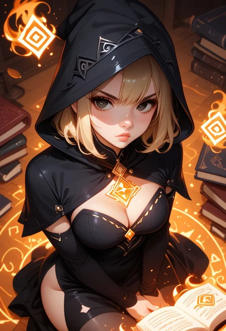 score_9, score_8_up, score_7_up, score_6_up, score_5_up, score_4_up, 1girl, 1girl, solo, blonde hair, long hair, black eyes, black outfit, A sexy witch casting spells, book. witch outfit, woods background at night, cute face, beautiful lips, medium breasts, curvy, large hips, pale skin, moles on her body, serious face, magic ritual, rune magic, magic aura, dark atmosphere, fantasy scenario, witch, sorceress, jewels, shiny, glowing gems, front view, full body shot, perspective, high angle view, dynamic angle, magic aura from own hands,