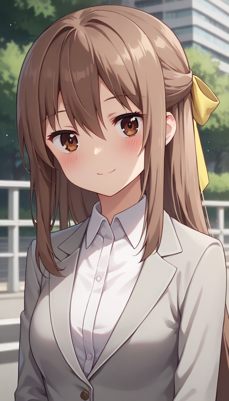 score_9,score_8_up,masterpiece,best quality,correct anatomy,anime_source,1girl,solo,perfect eyes,perfect arms,perfect legs,perfect face,outdoors,upper body,(portrait:1.5),looking at viewer,facing viewer,smile,blush,long hair,brown hair,half updo,hair ribbon,yellow ribbon,sidelocks,hair between eyes,bangs,brown eyes,suit,grey jacket,blazer,wing collar,white shirt,dress shirt,collared shirt,long sleeves,medium breasts,grey pants,high heels,white footwear,<lora:Kanau Kongo(huc)-Pony:1.4>,